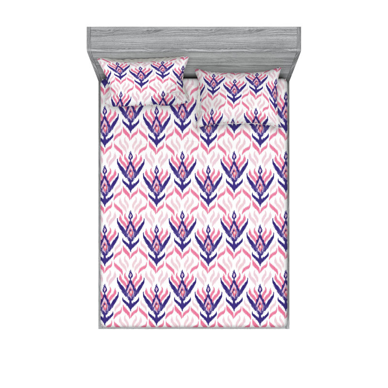Ambesonne Fitted Sheet & Shams, Pink Rose/Quartz Ikat, King Sheet Set with 2 Pillowcases