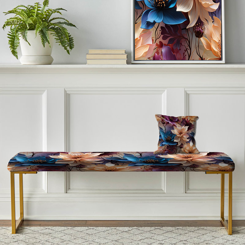 Blue And Beige Metallic Lotus - Floral Upholstered Gold Bench
