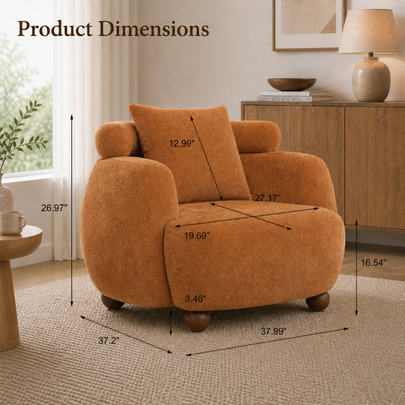 AUKFA Fauteuil seau de style nordique en chenille de 38 po de style nordique avec coussin et coussin moelleux, pour salon, bureau, couleur caramel