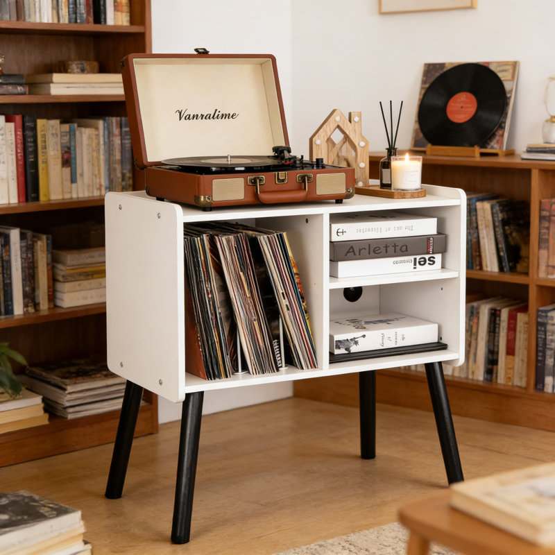 Mid-Century Modern Record Player Stand With Storage For 150+ Vinyl Albums, Adjustable Shelf Turntable Cabinet For Living Room And Bedroom