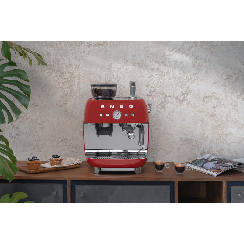 SMEG 50's Retro Style Semi-Automatic Espresso Coffee Machine with Grinder, Red