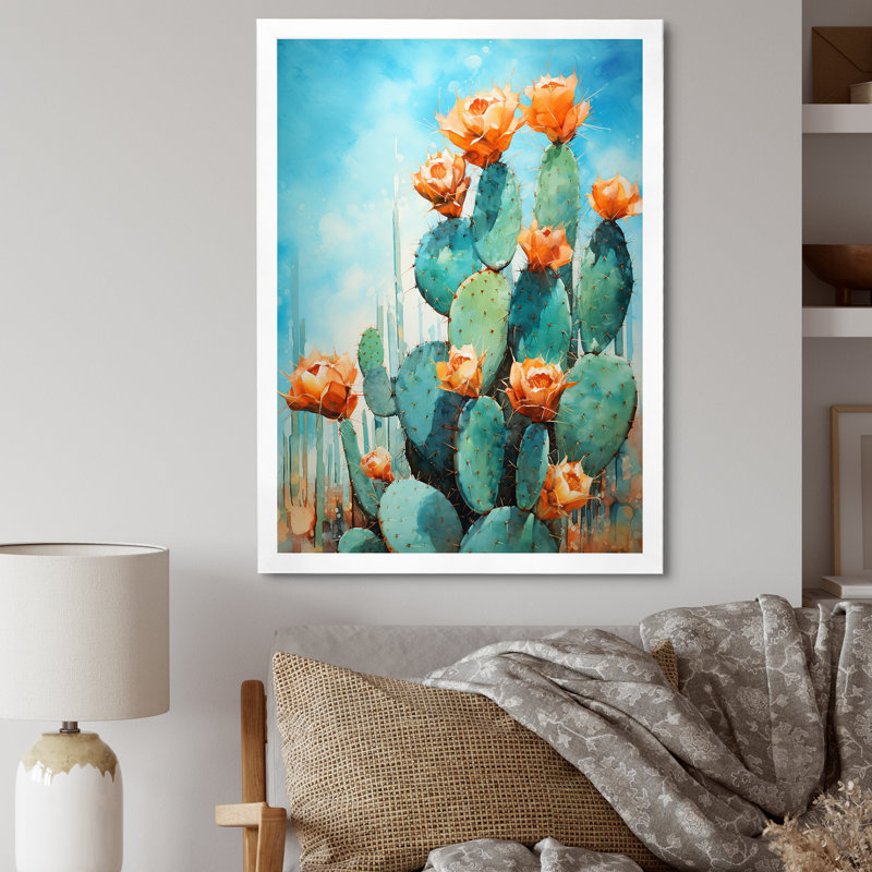 Cactus bleu et bronze brossé I - impressions sur toile de cactus, H 40 po x l 30 po x P 1,5 po, Cadre photo blanc