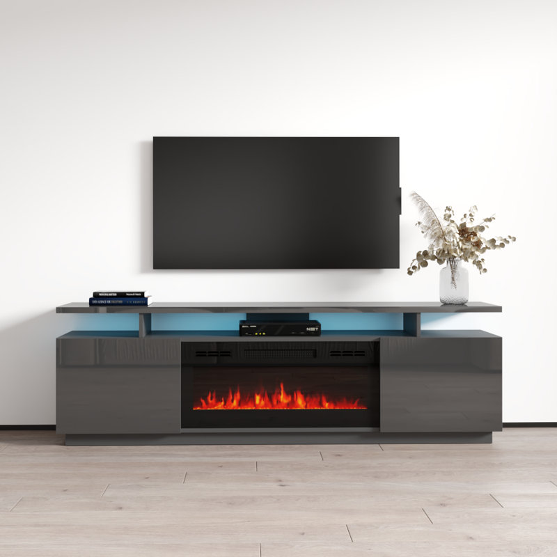 Burkard 71" Modern TV Stand with Electric Fireplace, High Gloss Finish, Media Storage, Gray