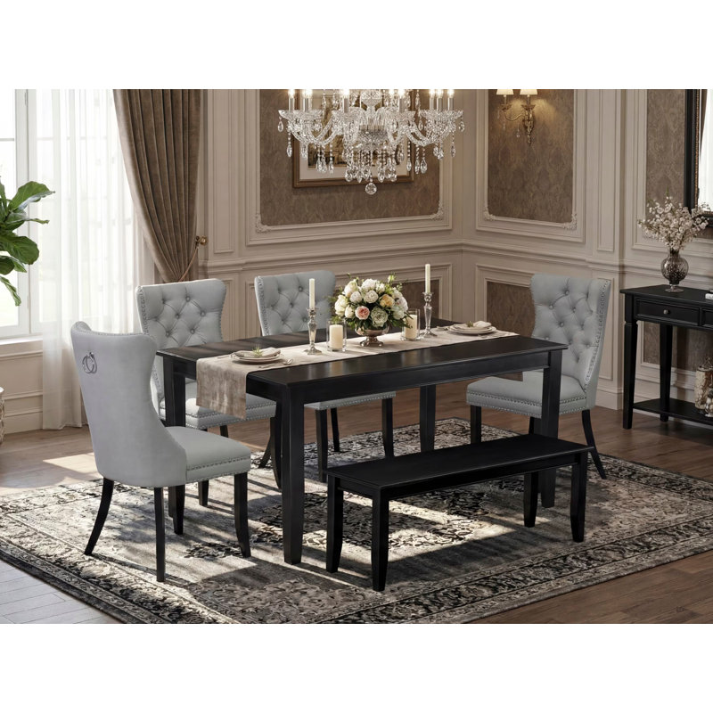 Ensemble de table et chaises de cuisine 6 pièces comprenant une table de salle à manger rectangulaire et 4 chaises rembourrées en tissu de polyester avec banc, 36 po x 60 po, noir