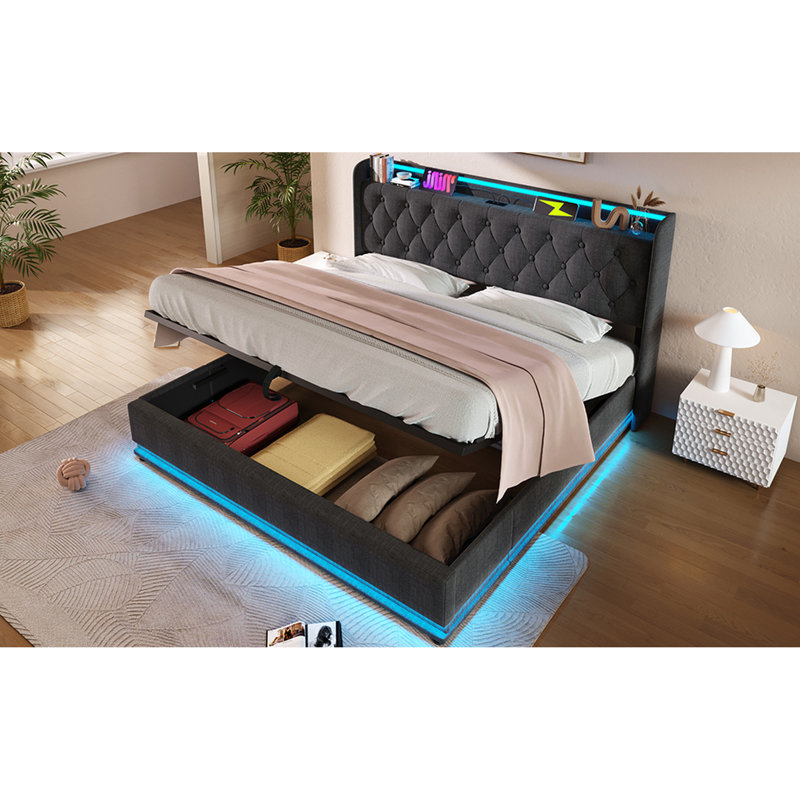 Très grand lit avec 360 DEL innovantes, rangement hydraulique, type C, lin gris, lit rembourré Peaceful Sleep, éclairage à DEL, lin
