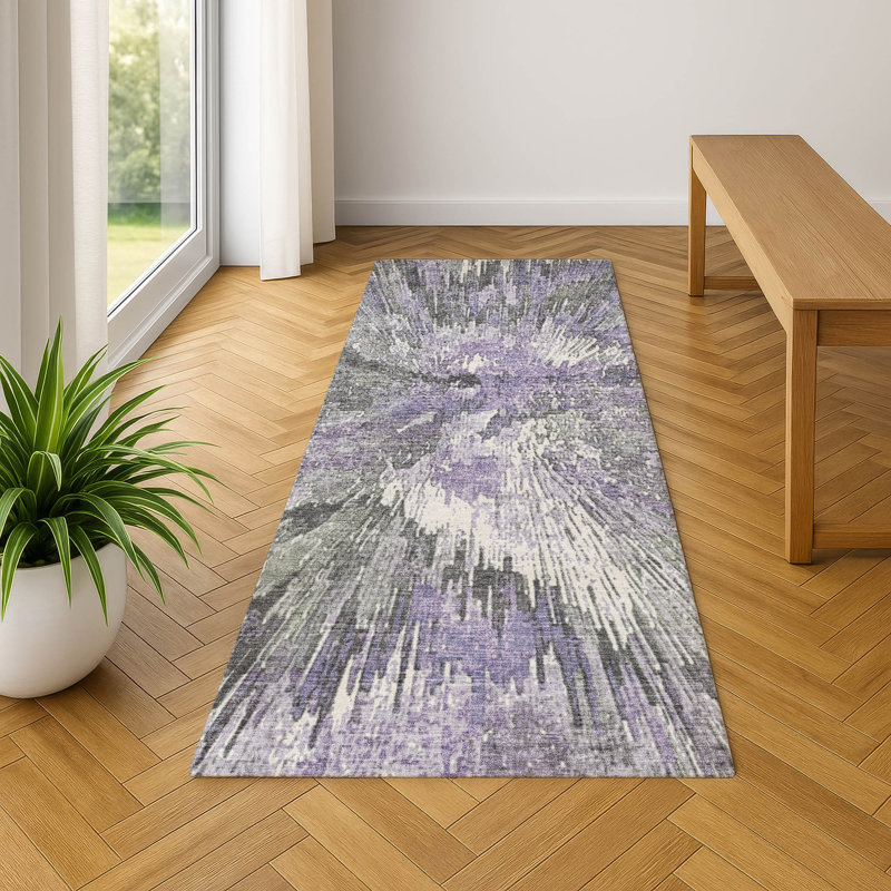 Premium Machine Washable Mayfield AMF2283 Abstract Rug, 2'3" x 7'6" Runner, Lavender