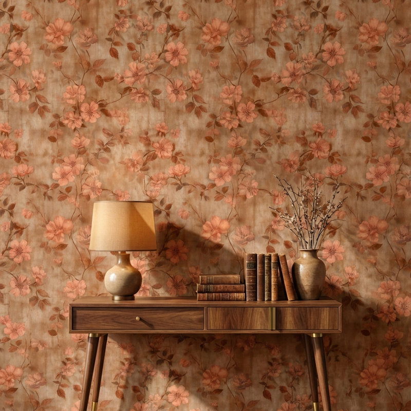 Papier peint floral, décoration murale rétro brune