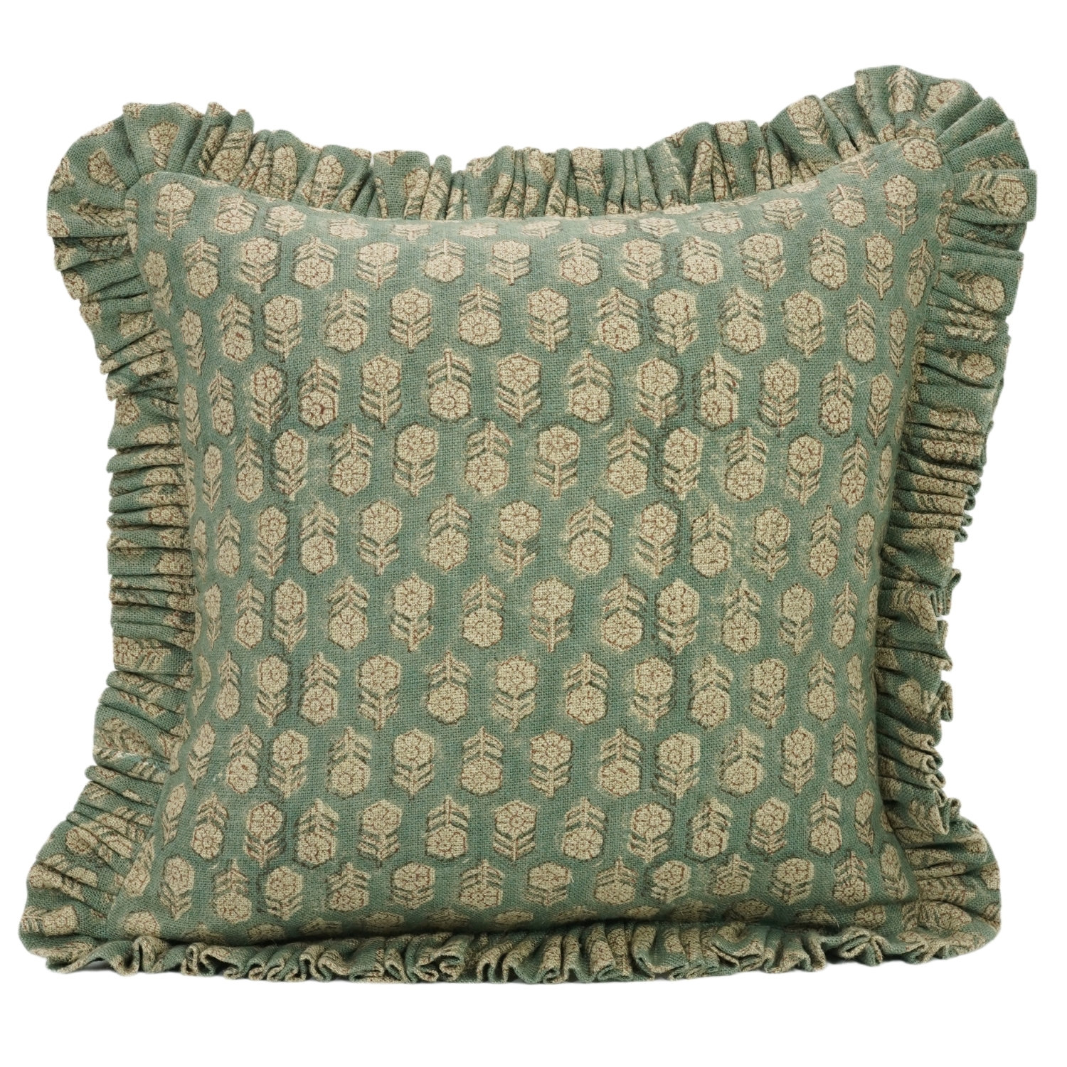 Handmade Linen Pillow Cover, 22"H x 22"W, Green Floral/Block Print