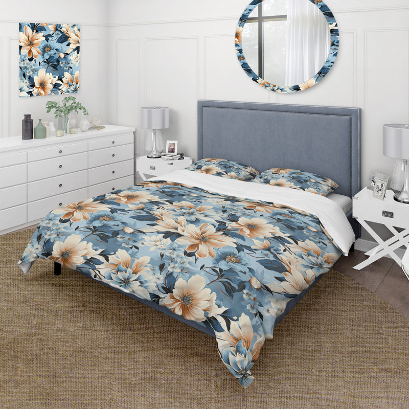 Ensemble de housse de couette à motif floral bleu rétro Finesse, Housse de couette simple + 1 taie décorative stan