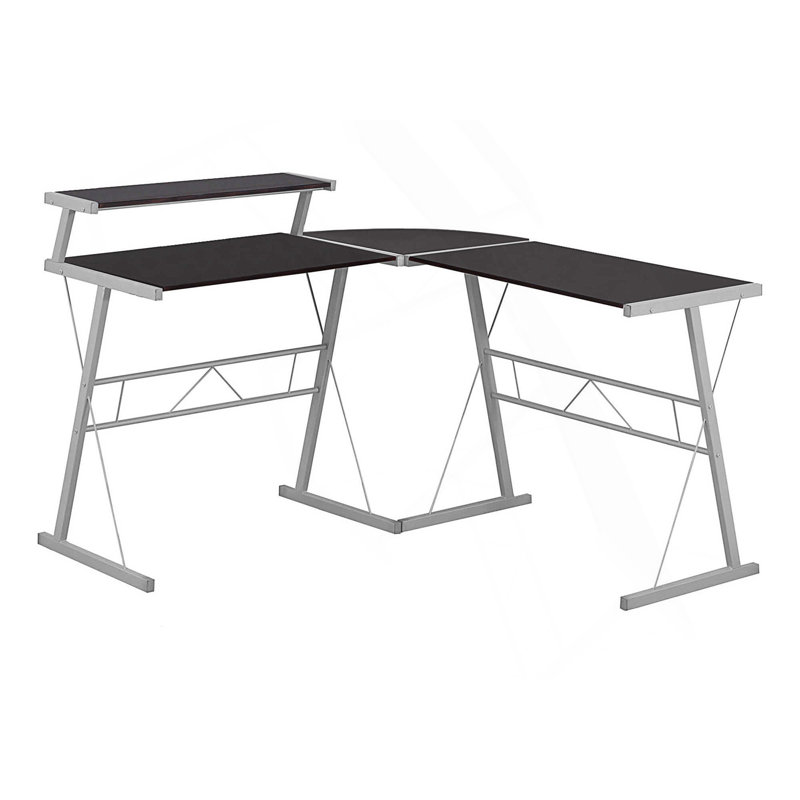 Bureau d'ordinateur de coin moderne en L pour bureau à domicile avec un design compact et une structure en métal robuste.