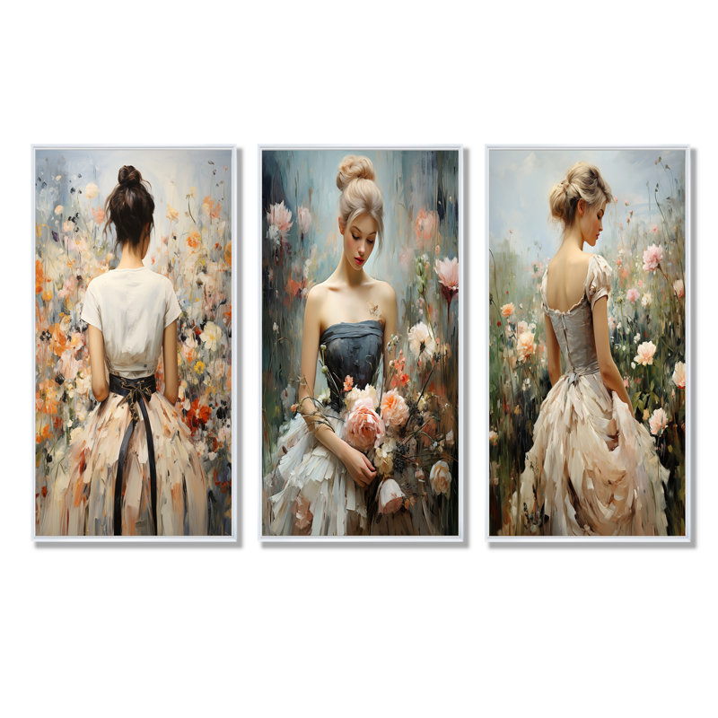 Impressionniste mode femme dans un champ de fleurs I - ensemble de salon 4 pièces Dior, Cadre flottant blanc