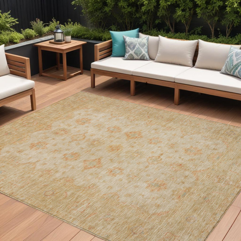 Tapis extérieur lavable à motif de médaillon beige et rouille 10 pi x 14 pi