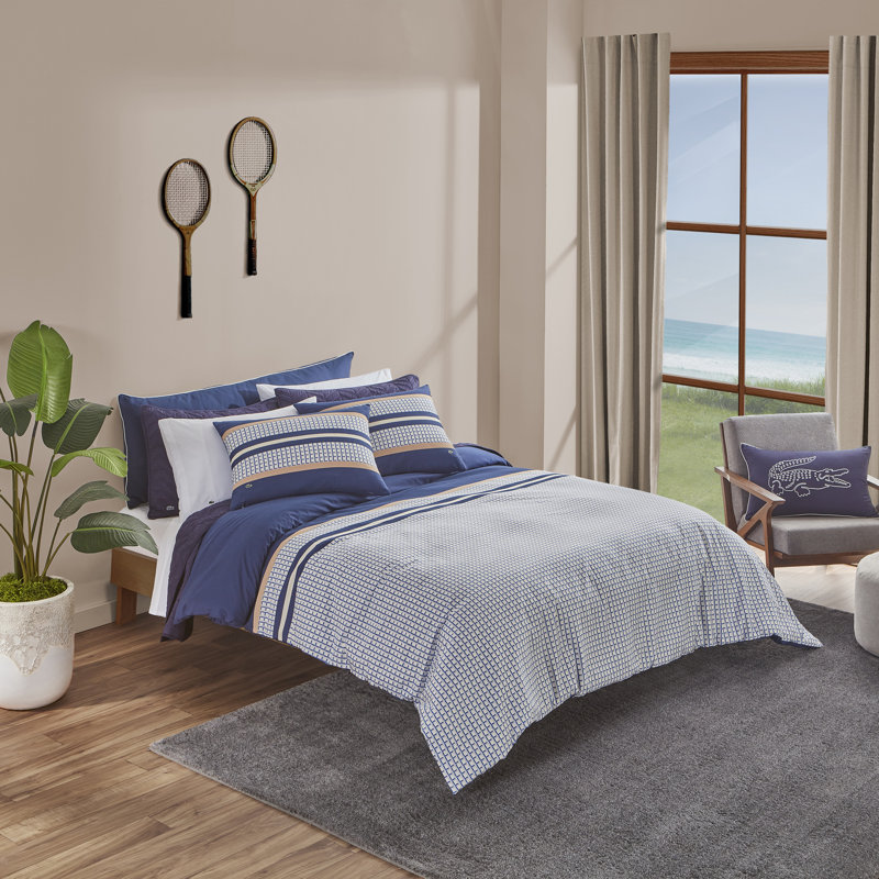 Lacoste Micro Logo Cotton King 3-Piece Navy Comforter Set, King Comforter + 2 Shams, Navy/Micro Logo