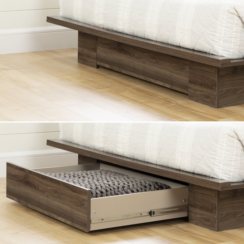 Queen Walnut Wood Frame Platform Bed with Storage Drawer