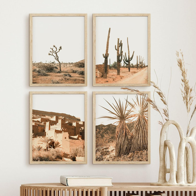 " Framed Desert Cactus Texas Arizona Set Of 4 Landscape Wall Decor Prints " 4 - Pieces, H 14 po x l 11 po x P 1 po, Naturel