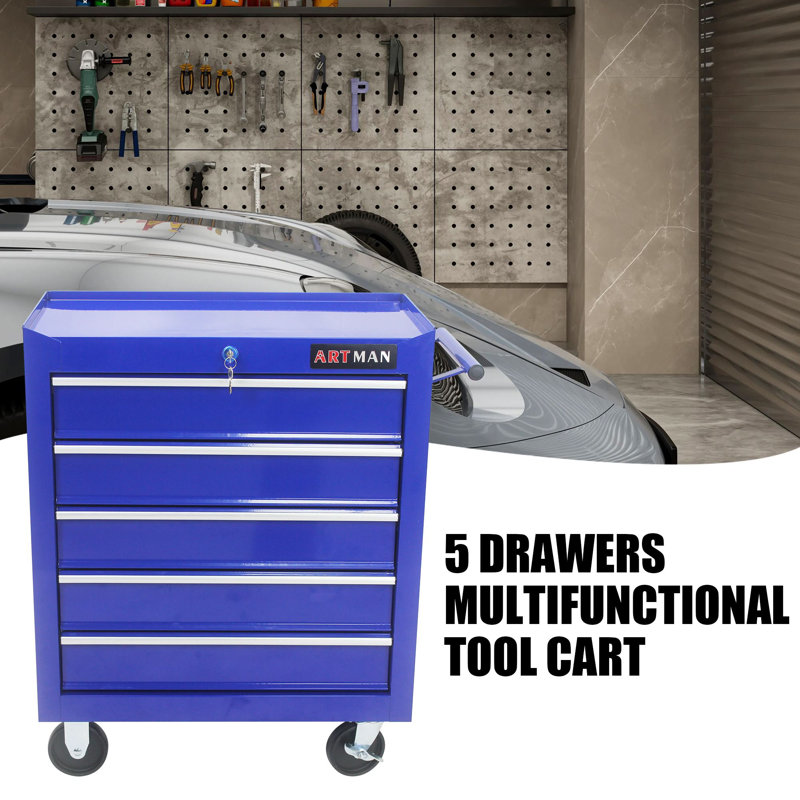 Chariot à outils multifonctionnel avec 7 roulettes - Rouge, 5 tiroirs - Bleu