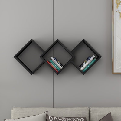Modern Wall Shelf, Black - 40.2 x 16.5 x 7.9 Inches | 100% Melamine Coated Particle Board, Thickness: 0.7 Inches | Numerous Shelves, Wall-Mountable Design, Stylish Geometric Shape for Home & Office Décor