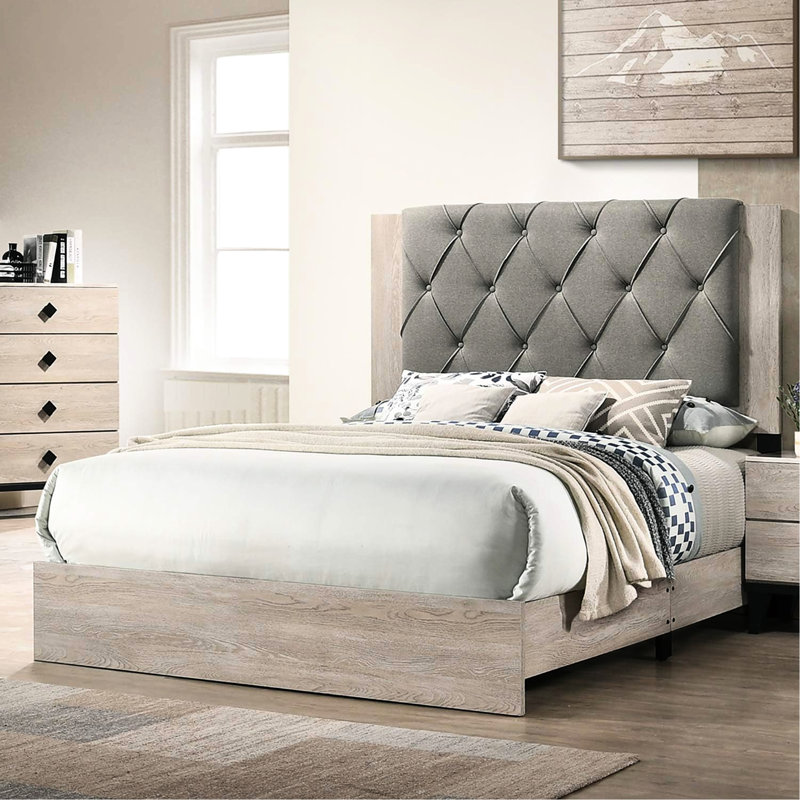 Grand lit pour chambre à coucher, tête de lit grise, finition crème, lit moderne en bois d'hévéa stable, style, Crème/gris