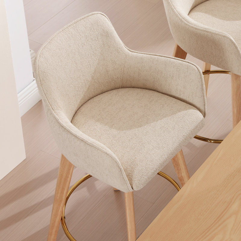 Lovetro Swivel Full Back Arms Upholstered 26.6"H Counter Stool with Solid Rubberwood Frame and Gold Footrest, Beige