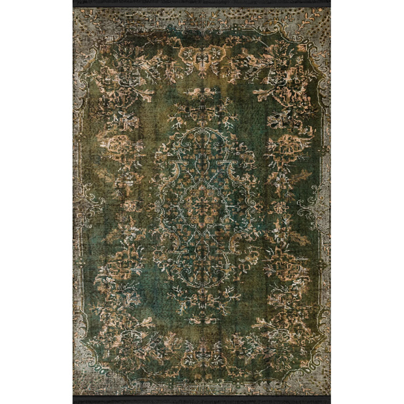 Tapis décoratif rétro à motif traditionnel vert foncé, Rectangle 3 pi 11,24 po x 5 pi 10,87 po