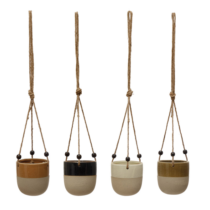 Alysbury Round Hanging Stoneware Planter with Jute Rope and Wood Beads