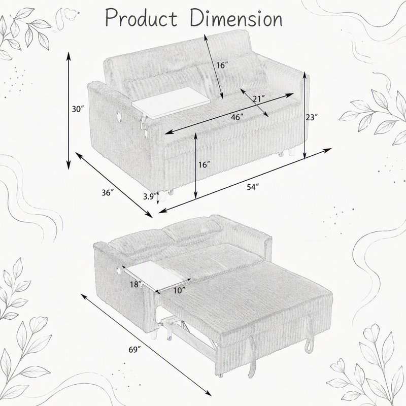 Canapé transformable en velours côtelé beige avec plateau mobile et ports USB pour les salons et les chambres