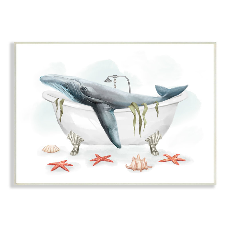 «Whale In Nautical Tub Seafoam Starfish Shells» par Ziwei Li - impression d'art graphique, Plaque murale, H 10 po x l 15 po