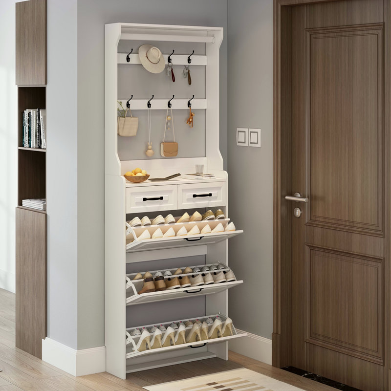 Armoire à chaussures blanche avec 3 portes et 2 tiroirs avec support, grand espace de rangement