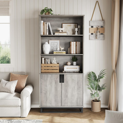 Bibliothèque de 71 po de hauteur avec portes et base en métal, bibliothèque en bois à 5 niveaux avec armoire et tablette réglable, bibliothèque industrielle pour bibliothèque de salon