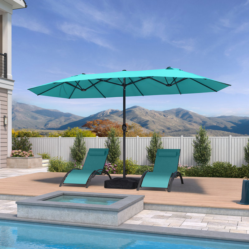 Parasol de marché de 14 pi avec base rectangulaire double face et parasol avec manivelle 12 nervures robustes robustes pour la piscine
