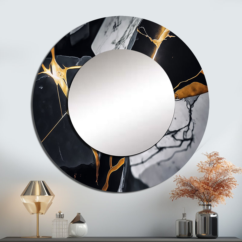 Orvid abstrait Geode Gold Marble II - miroir mural décoratif en marbre, miroir rond noir, impression d'art en métal