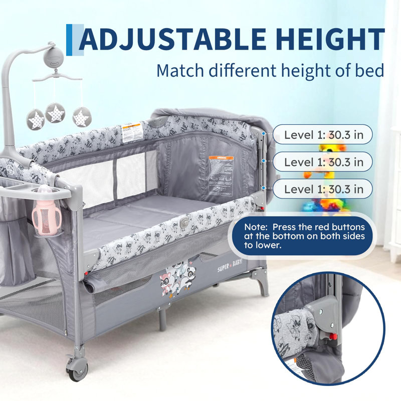 Ensemble de lit de bébé 4 en 1 pour couchette de chevet portable avec table à langer, roues verrouillables, porte à fermeture à glissière, rangement et barre à jouets pour tout-petits, gris clair