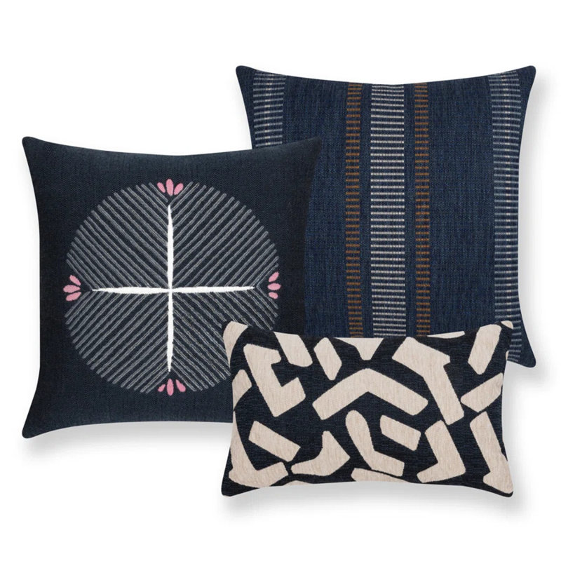 Journey Throw Square Indoor/Outdoor Pillow Cover & Insert by Elaine Smith, Indigo Striped, 20"H X 20"W, Polyester