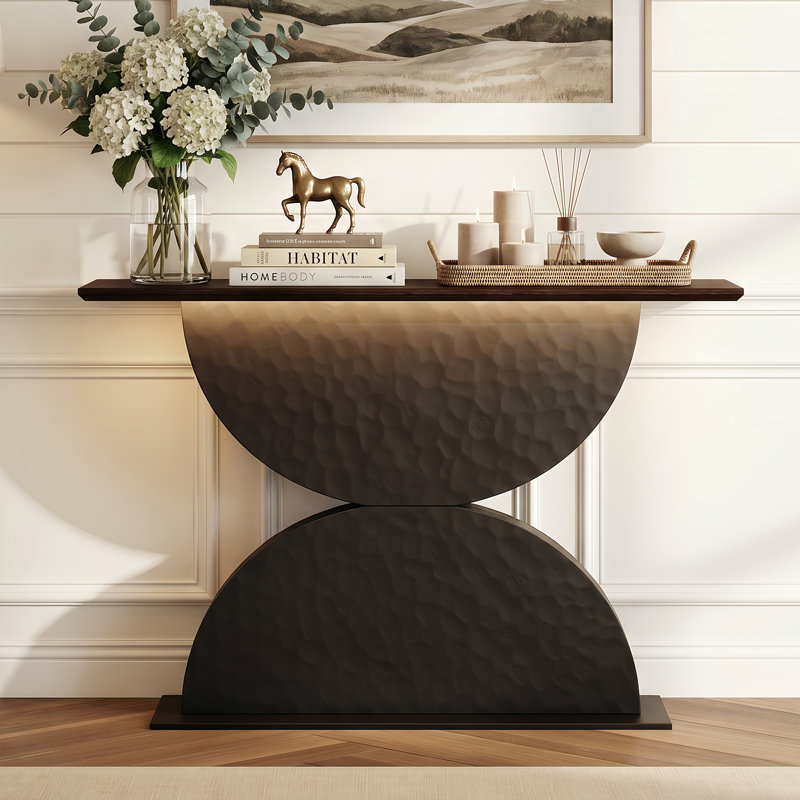 Console moderne de 47 po avec base martelée 3D et lumière DEL, double entrée en demi-cercle et table de canapé