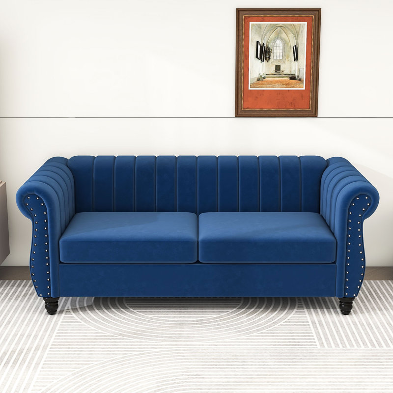 Causeuse avec accoudoirs roulés Hanschen, Polyester bleu, H 31,5 po x l 82,5 po x P 36 po