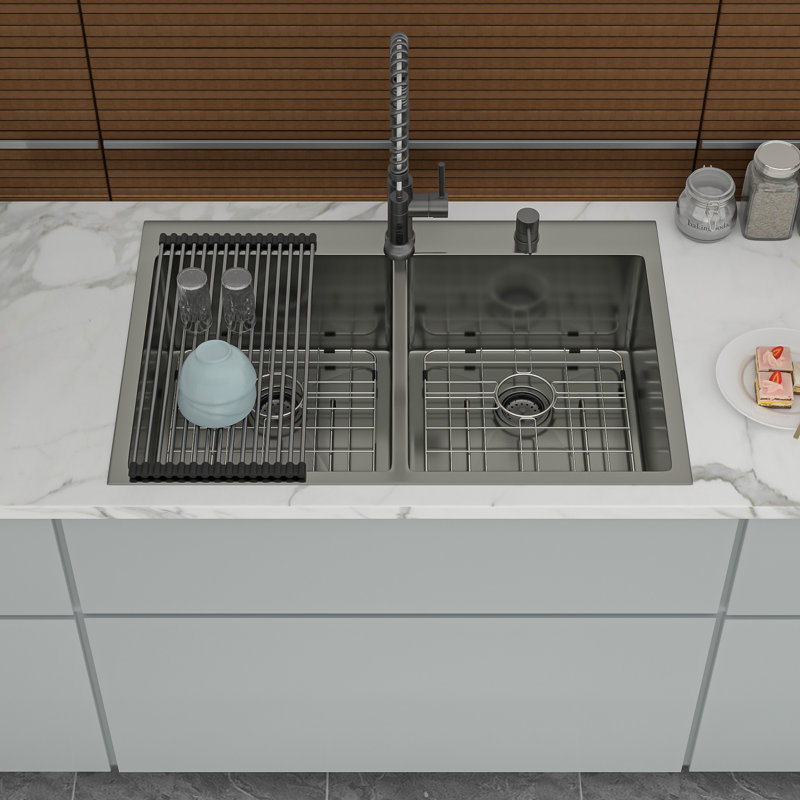 Double Bowl Drop In Sink- 33"X22" Gunmetal   Double Bowl Kitchen Sink 16 Gauge With Two 10" Deep Basin