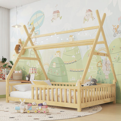 Lit double avec lumière, lit surélevé avec clôture et toit pour enfants, naturel