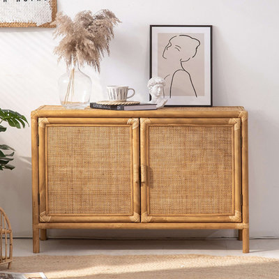 Retro Wicker Pine Wood Storage Feature Cabinet