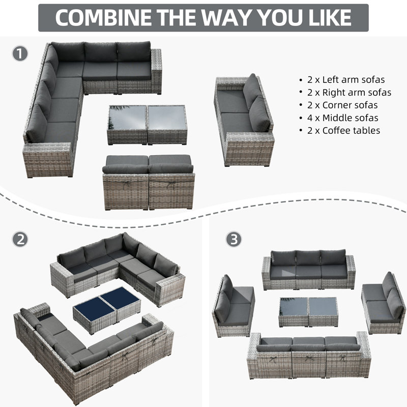 Baili 9 - Person Modular Patio Conversation Sets with Cushions, Black
