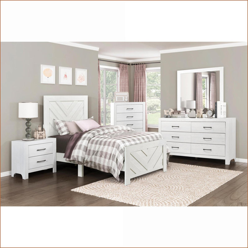 Lit simple à panneau en bois avec finition blanche à motif en V - Mobilier de chambre à coucher compact livré dans une boîte