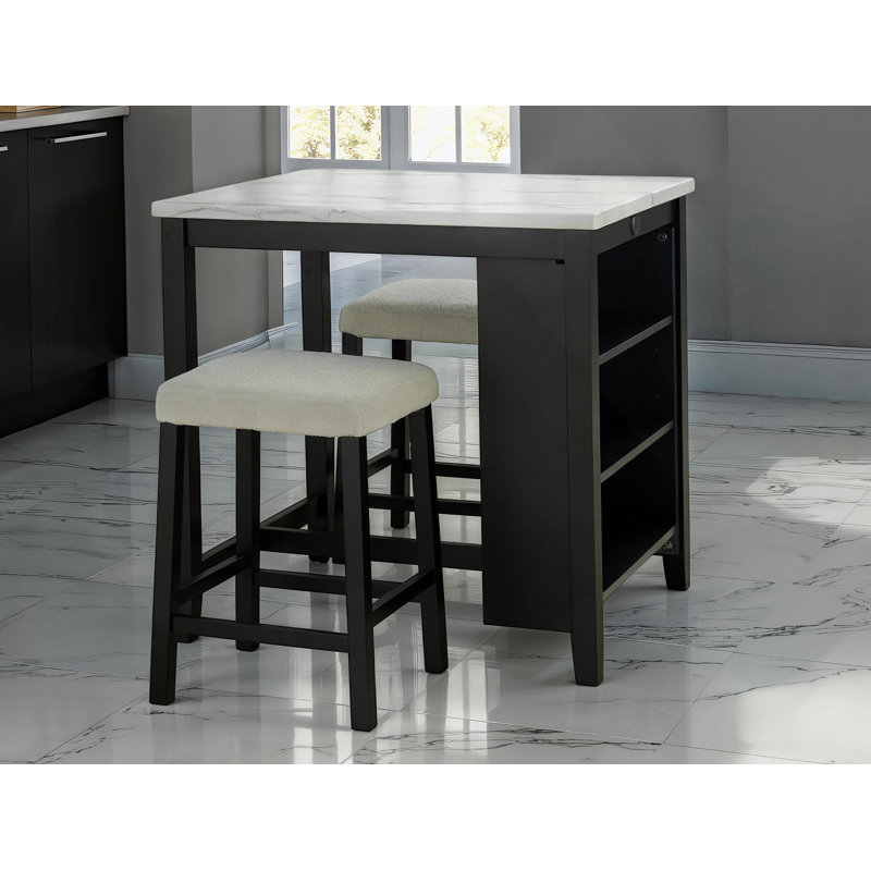 Ensemble de salle à manger transitionnel 3 pièces avec plateau de table brillant et tablettes de rangement, deux tabourets confortables pour une expérience culinaire fonctionnelle