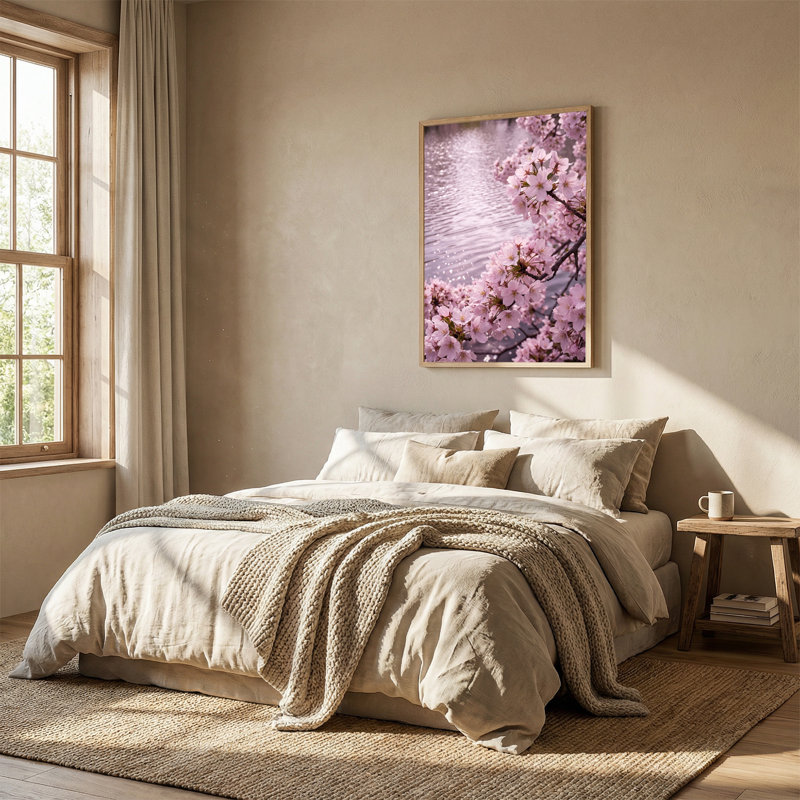 «Pink Cherry Blossoms Over Shimmering Water», art mural sur toile, H 48 po x l 36 po