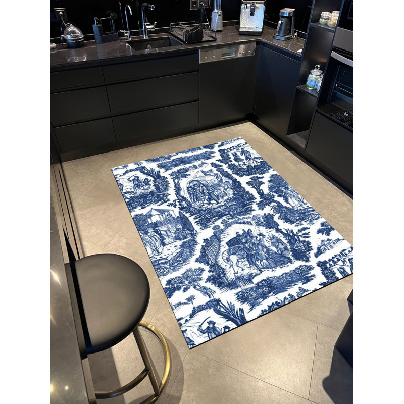 Tapis décoratif blanc à motif rétro tissé blanc marine, Rectangle 5 pi 1,02 po x 7 pi 6,55 po