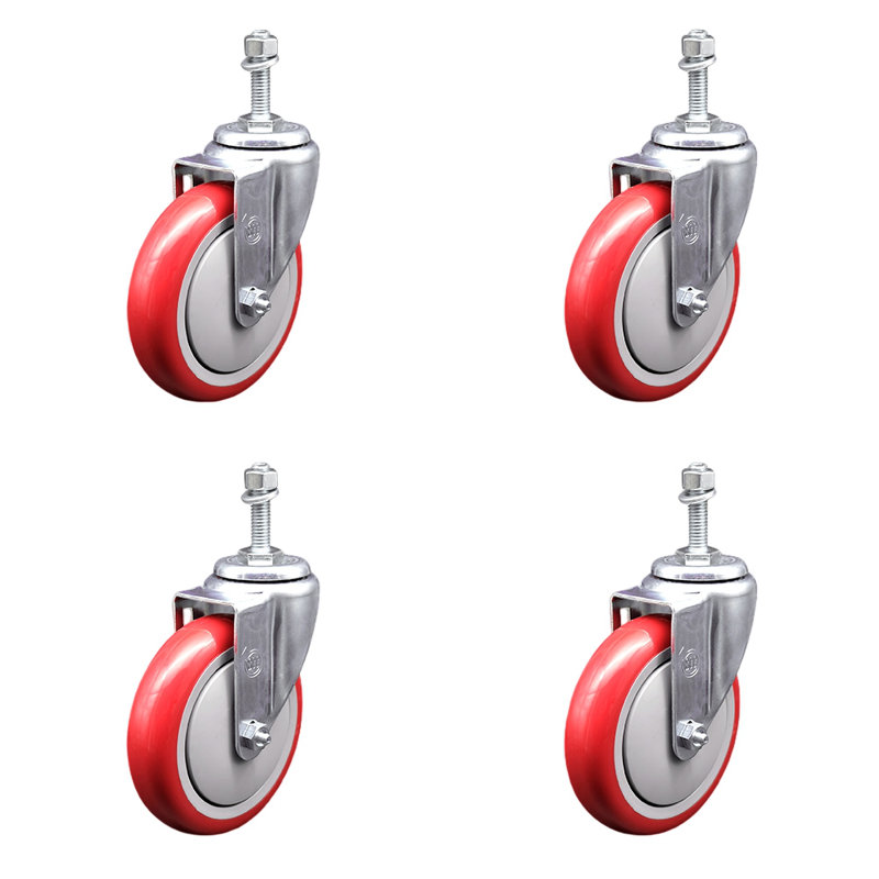 5 Inch SS Polyurethane Wheel Swivel 3/8 Inch Threaded Stem Caster Set SCC, Red