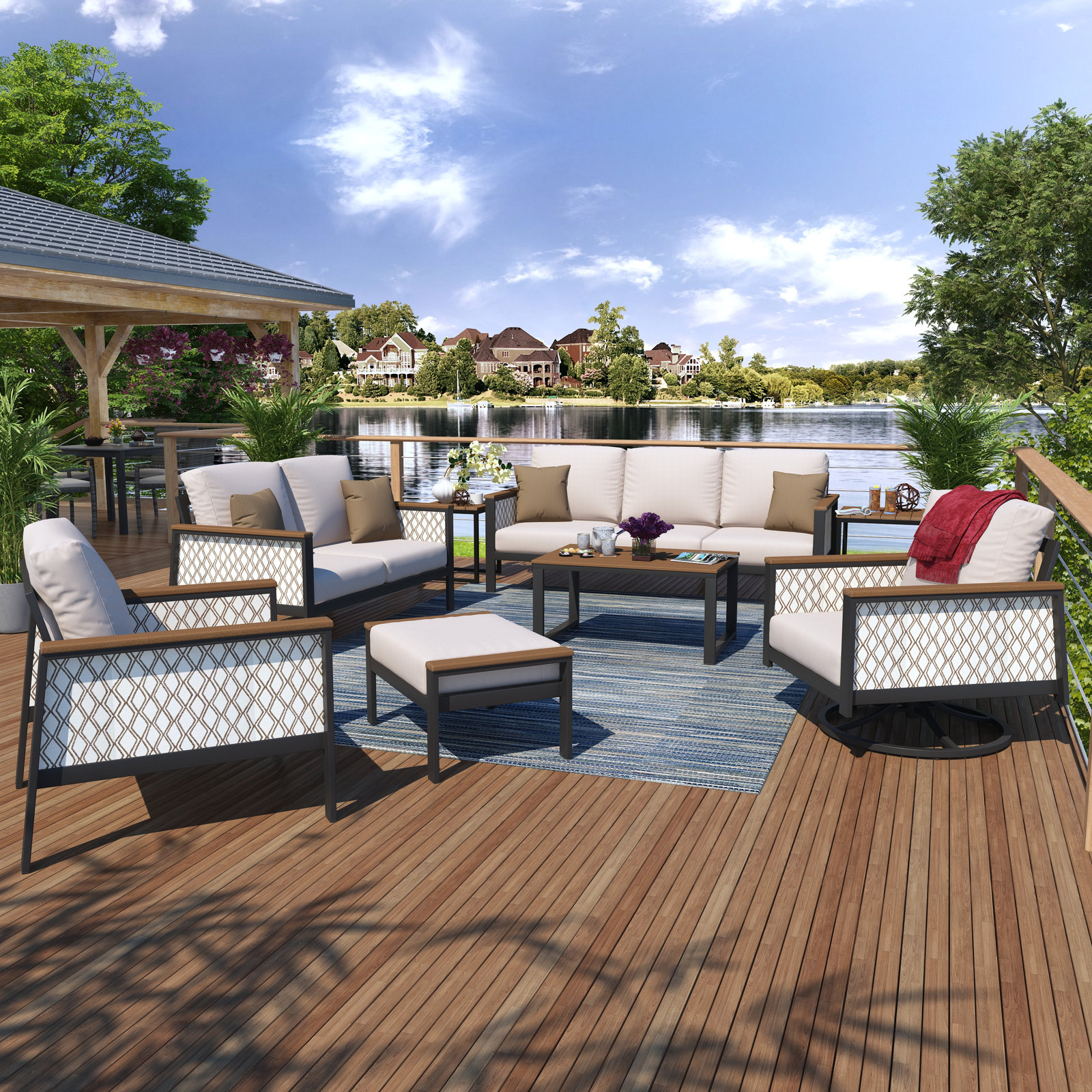 Townsend 8-Person Patio Seating Group, Canvas White/Voyage Dune Fabric