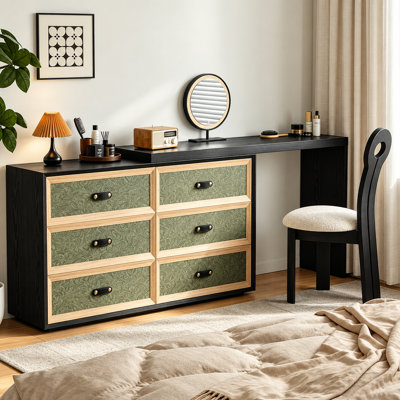 Bureau de coiffeuse à maquillage extensible et commode à 6 tiroirs, plateau de table réversible avec poignées en cuir