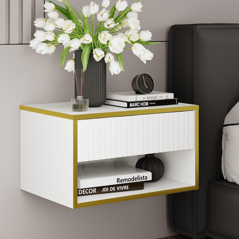 Floating Nightstand with Fluted Drawer, Modern Wall Mounted Bed Side Table set, Night Stand for Bedroom, White, Set of 2