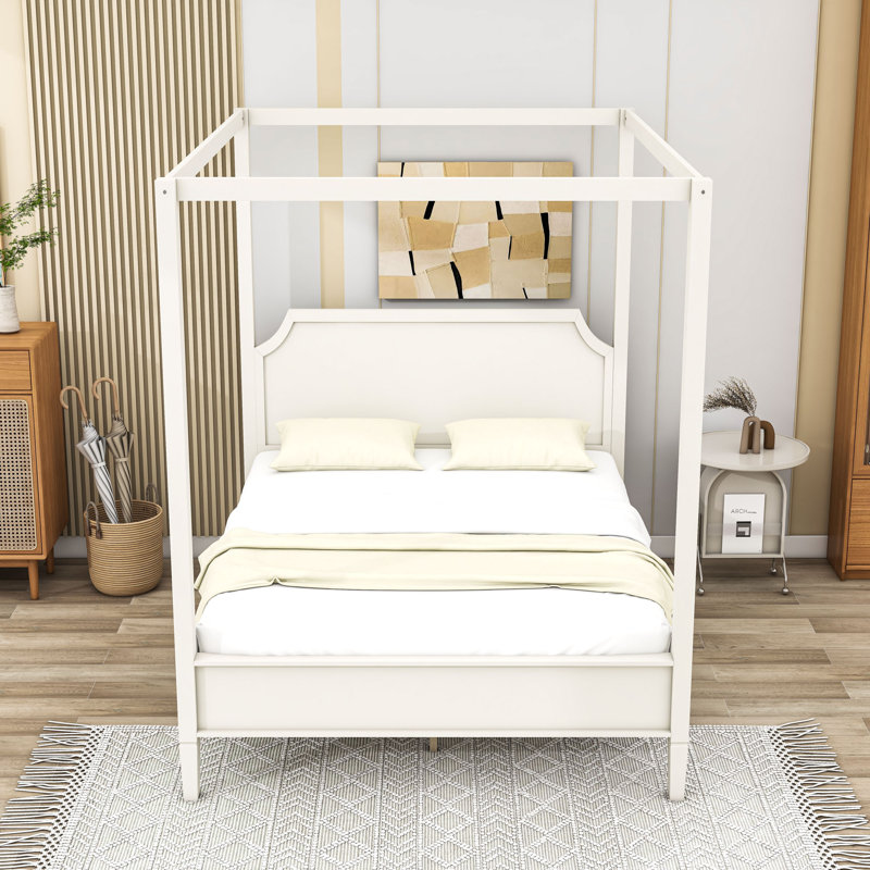 Lit plateforme à baldaquin en bois avec tête de lit et lattes intégrées, Grand lit, Blanc / crémeux
