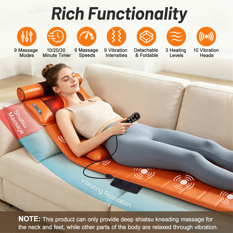 Full Body Massage Mat with Detachable Foot Massager, Shiatsu Kneading & Heat, 9 Modes 9 Speeds for Neck Back Leg Pain Relief ﻿