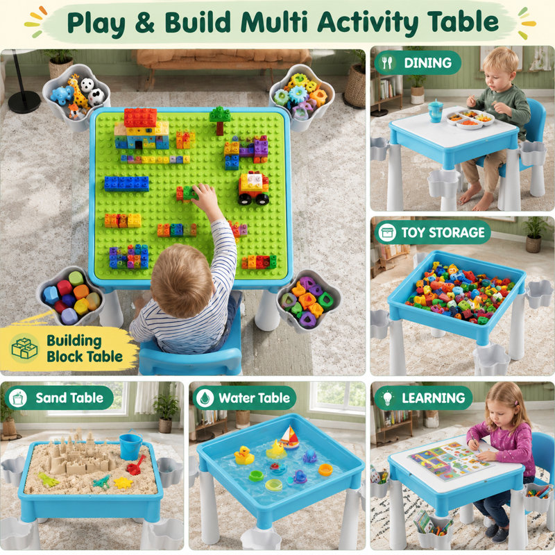 Cet ensemble de table de construction pour tout-petits bleu comprend 1 chaise, 128 blocs de construction et une boîte de rangement; Sa fabrication robuste en ABS, ses bords lisses et son dessus étanche en sable et en eau conviennent aux jeux d'intérieur ou d'extérieur pour les enfants de 3 ans et plus et aux cadeaux.